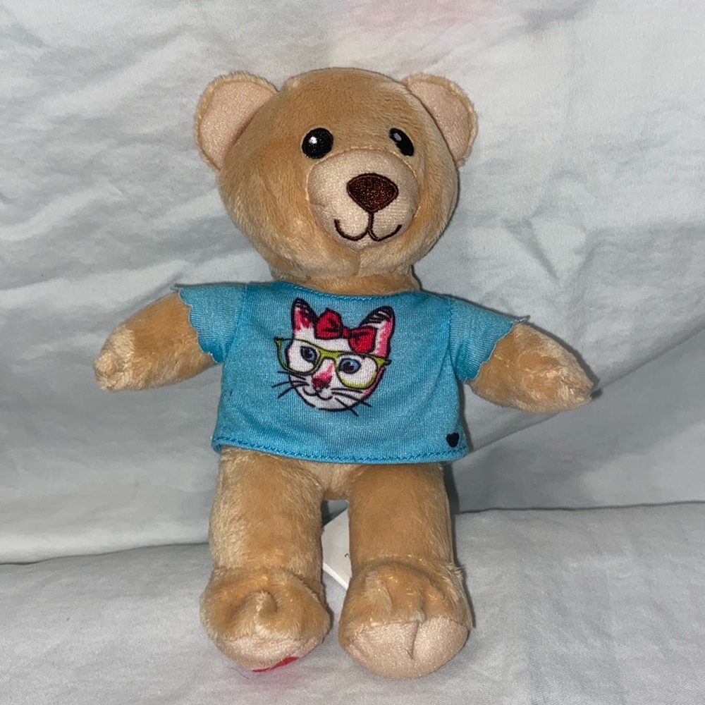 Build a Bear BAB Spinmaster Small Teddy Bear w/Cat T shirt 8" Heart Included